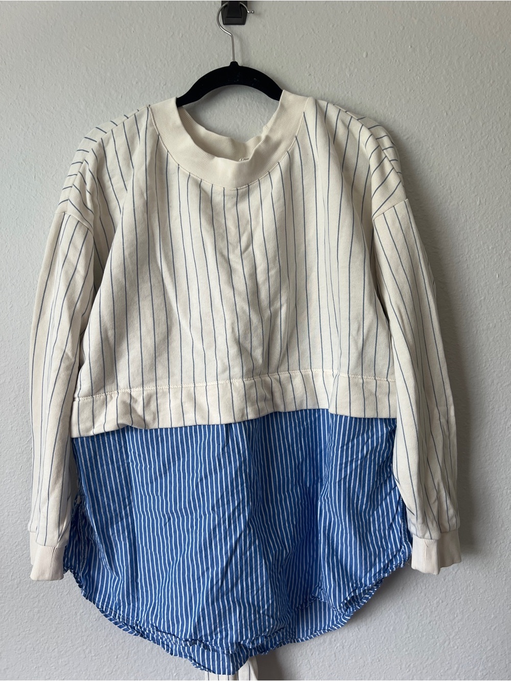 Anthropologie Striped Cream White Blue Bow Tie Long Sleeve Twofer Large - Picture 4 of 5